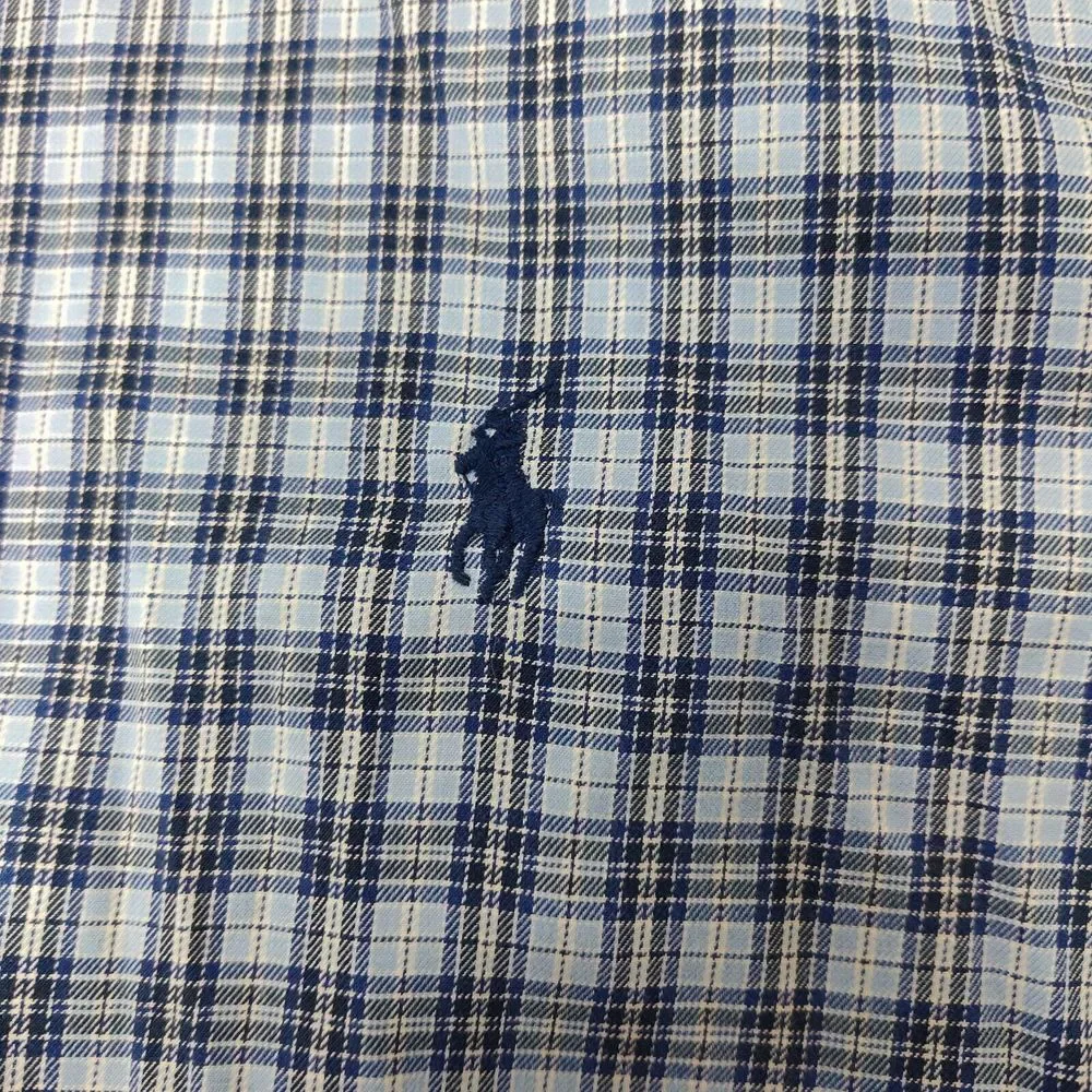 Ralph Lauren Shirt Men Large Easy Care Blue Plaid‎ Button Up Poplin Tattersall